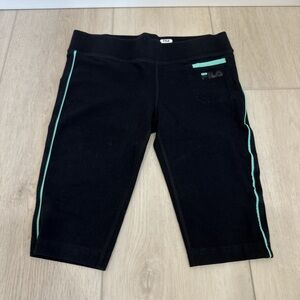 Fila Biker Shorts Black Leggings with Green detail Stretchy Fabric Womens XS